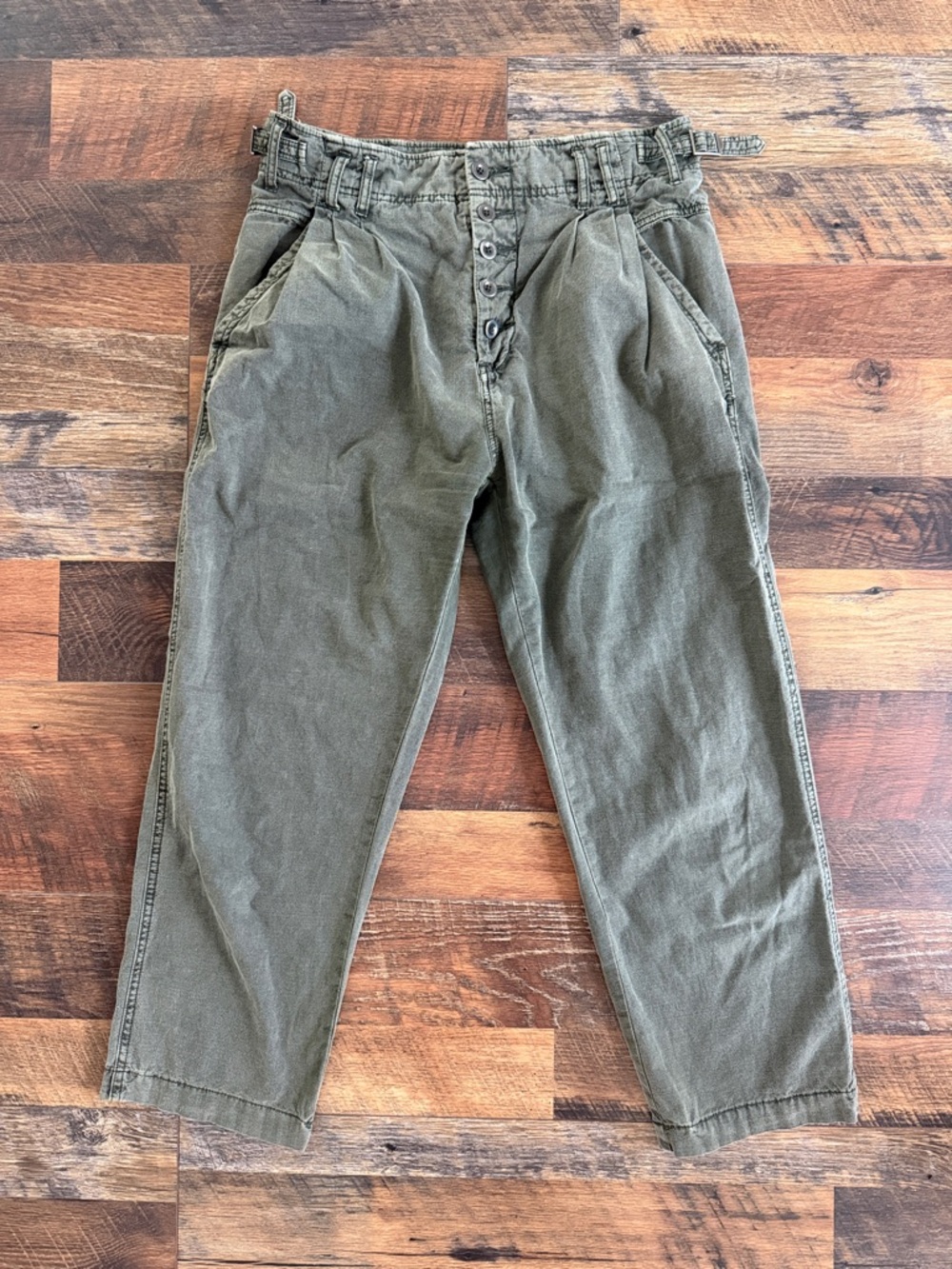 Free People Olive Green High-Waist Pleated Chinos